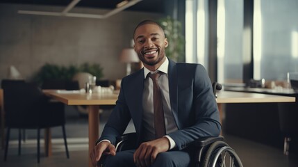 Portrait of African businessman with disability sitting in wheelchair working at office.