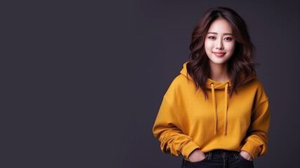 An Asian woman wearing mustard sweatshirt isolated on pastel background