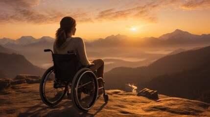 Woman with disability sitting on a wheelchair enjoying sundown on mountain background.