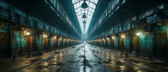 Two storeys and rows of cells make up the interior of the industrial jail passageway.. - obrazy, fototapety, plakaty