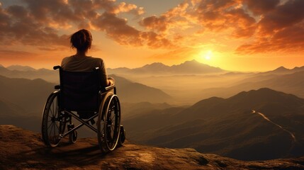 Woman with disability sitting on a wheelchair enjoying sundown on mountain background. - obrazy, fototapety, plakaty