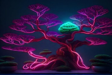 Neon lights following the small bonsai's branches' intricate shapes.