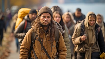 Fototapeta premium A queue of people migrating by foot .