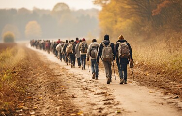 A queue of people migrating by foot . - obrazy, fototapety, plakaty