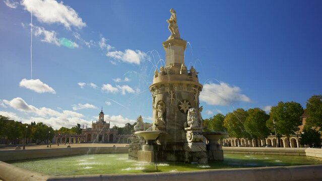 Impressive fountain in the main square of the tourist town of Aranjuez in Madrid.