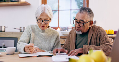 Senior couple, budget and finance notebook with writing and life insurance information for will at table. Discussion, list and paper for process and bills review in print in a retirement home
