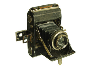 Folding film retro camera with sliding bellows. Isolated on white.