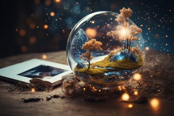 Illustration of a tree in a crystal ball with a lot of flowers