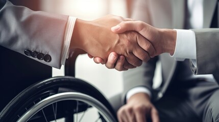 Disabled job candidate in a wheelchair shaking hands with a employer. Inclusive and equal opportunities in the workplace - obrazy, fototapety, plakaty