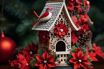There Is A Small Bird House And A Bunch Of Christmas Trees And Pine Cones Background
