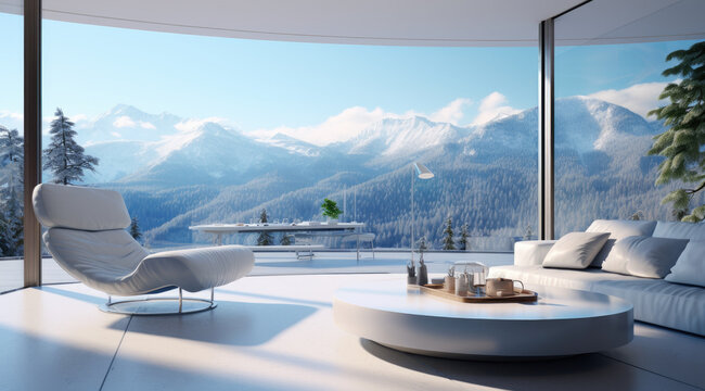 Living room with minimalist style and view overlooking nature