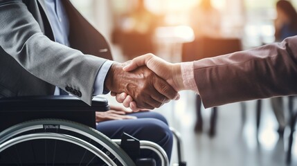 A disabled man in wheelchair talking with employer and shaking hands in office. Equal opportunity in workplace. - obrazy, fototapety, plakaty