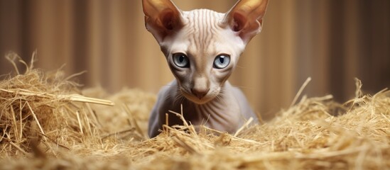 Peterbald the adorable oriental cat with short hair can be found lounging on the hayloft