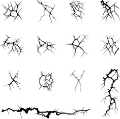 Collection of crack effect designs. Wall crack silhouette element isolated on white background