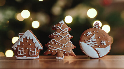 Gingerbread against the background of bokeh of garlands of side flickering light bulbs