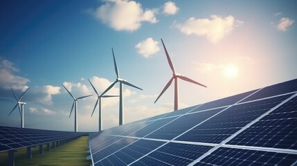 Solar panels and wind turbines generating electricity. Power station green energy renewable with blue sky background Generative Ai