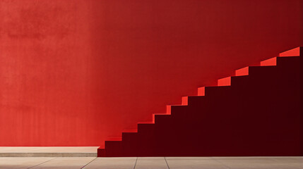 a red wall with a stair case in the middle