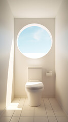 a toilet in a bathroom with a skylight above it