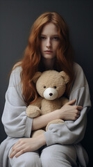 a woman with red hair holding a teddy bear