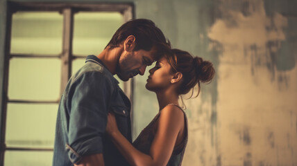 Diverse couple in grungy room