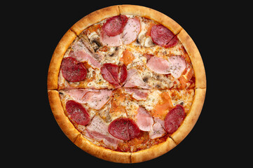 italian pizza with ham and salami on a black background