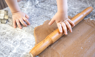 Little boy is rolling out dough for ginger cookies