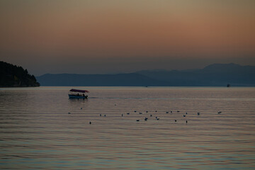 Small fishing boat crossing the lake among birds
