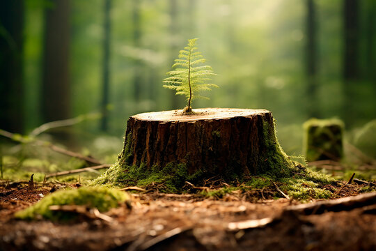 cut tree born from ideas in the middle of a forest