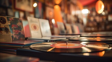 Inside an old record or vinyl shop. A music store with 1970s feel. Extremely shallow depth of field - obrazy, fototapety, plakaty