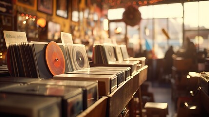 Inside an old record or vinyl shop. A music store with 1970s feel. Extremely shallow depth of field - obrazy, fototapety, plakaty