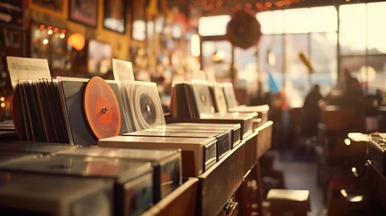 Fotobehang Inside an old record or vinyl shop. A music store with 1970s feel. Extremely shallow depth of field © LELISAT