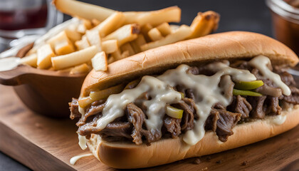 Closeup of Cheesy beef steak sandwich with fries in the wooden table