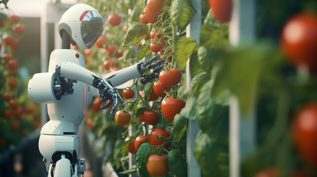 Digital robots tending to greenhouse tomatoes.