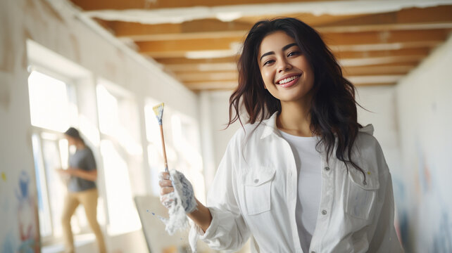 Young asian happy woman painting interior wall with paint roller in new house.