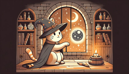 Illustration in a whimsical animated style of a cat wearing a wizard's hat, conjuring a magical orb that floats above its paw. 