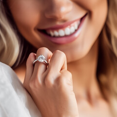 Photography of an european model showing off a diamond ring, earrings or necklace. You can use it in your advertising or other high quality prints.