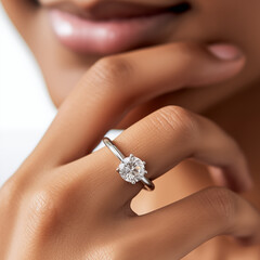 Photography of  black european model showing off a diamond ring, earrings or necklace. You can use it in your advertising or other high quality prints.