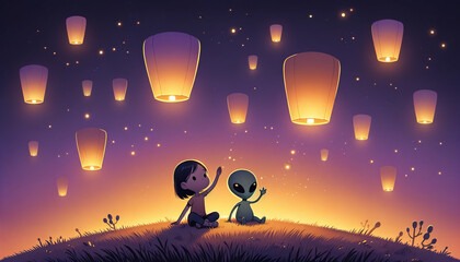 Animated art of a child and a friendly alien sitting on a grassy hill, flying paper lanterns into the evening sky.  - obrazy, fototapety, plakaty