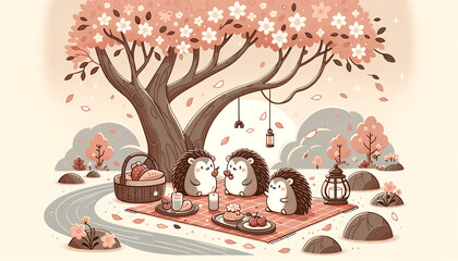 Obraz na płótnie Canvas Illustration in a whimsical animated style of a family of hedgehogs, enjoying a picnic under a cherry blossom tree. 