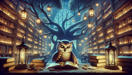 Animated art of a librarian owl, adjusting its glasses, while sorting books in a grand tree library. The scene exudes an ambient and studious atmosphere with few details.  - obrazy, fototapety, plakaty