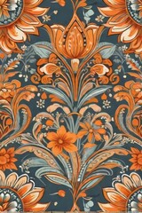 Liberty orange flowers pattern, fabric art,