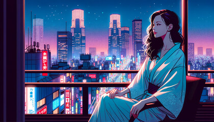 Illustration of a beautiful girl in short clothes, perched on a high-rise balcony with the dazzling cityscape behind her. 