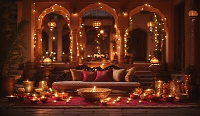 A beautiful classic Indian house decorated with glimmering diyas and traditional oil lamps, creating a vibrant Diwali celebration.