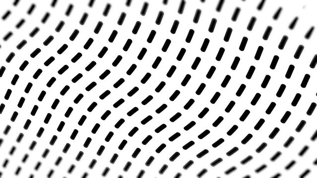 Monochrome background of abstract moving vector drawn lines, stripes and dots in black and white color forming an optical illusion of a wave. Digital geometric animation of figures in the style