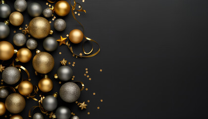 golden christmas balls on black christmas, decoration, ball, holiday, xmas, winter, card, snowflake, celebration, vector, snow, ornament, gold, year, illustration, new, star, light