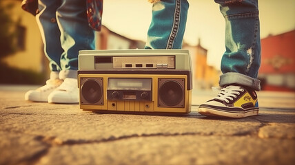90s teens dance with boombox in the city.