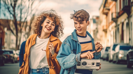90s teens dance with boombox in the city. - obrazy, fototapety, plakaty