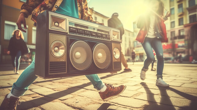 90s teens dance with boombox in the city.