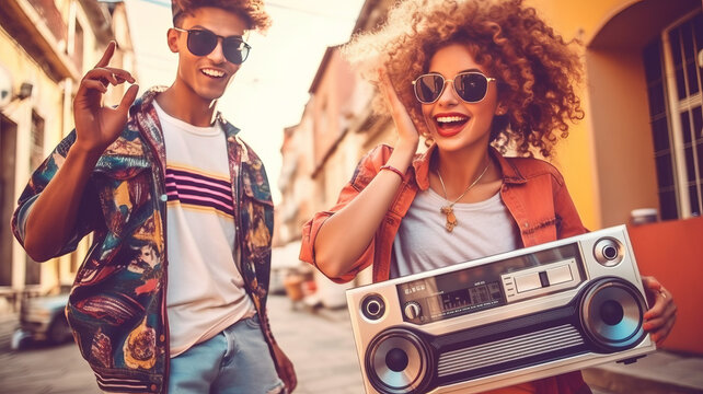 90s teens dance with boombox in the city.