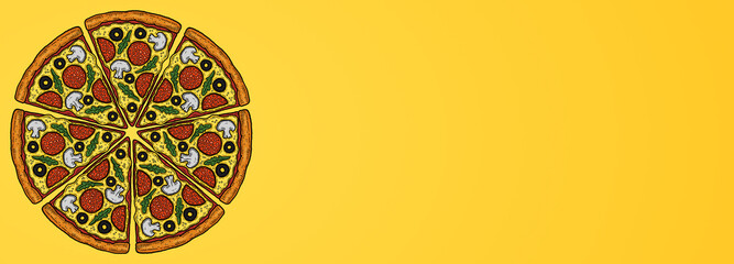 sliced cartoon pizza illustration isolated on yellow gradient background horizontal banner design template with text area copy space and place for text